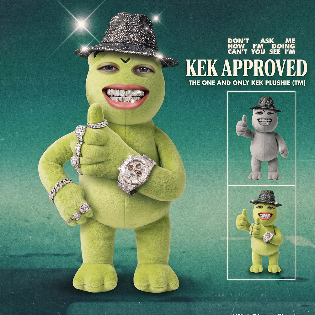 Kek plushie covered in diamonds, extremely approved